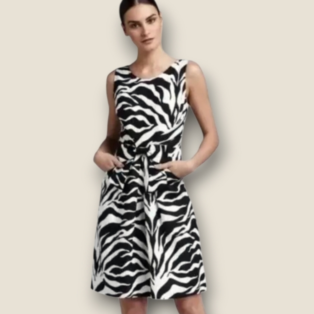 KATE SPADE Jillian Linen Blend Zebra Animal Print Dress Size 2 Black White